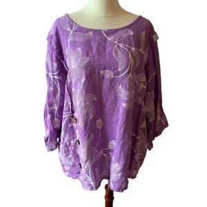 LINEN LUV 100% LINEN TOP FLORAL SIDE BUTTON DETAIL FLOWY LAGENLOOK RELAXED XXL